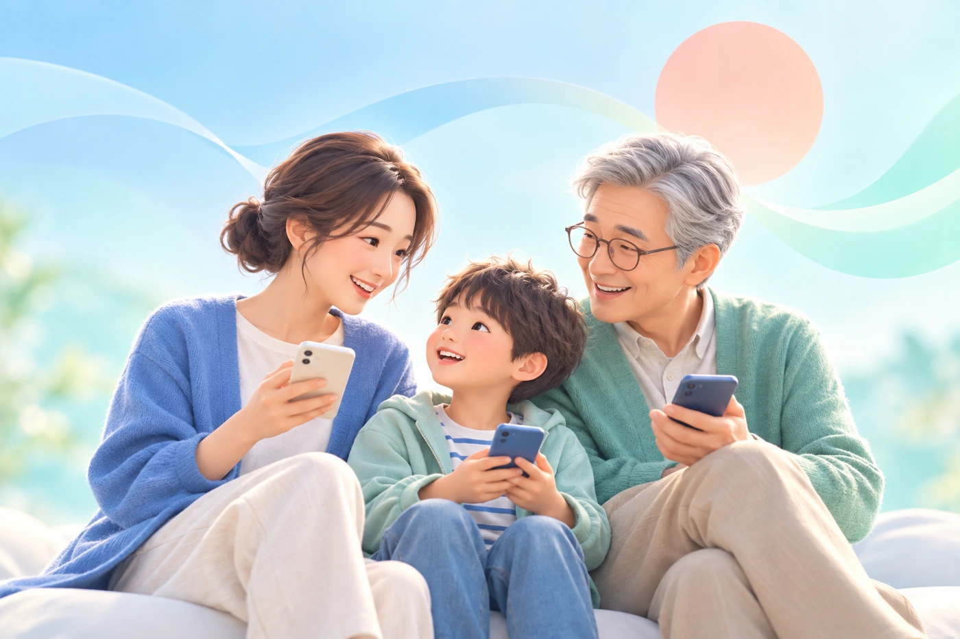 母親・子ども・祖父がスマホを持って会話する、つむぐねの家族ビジュアル