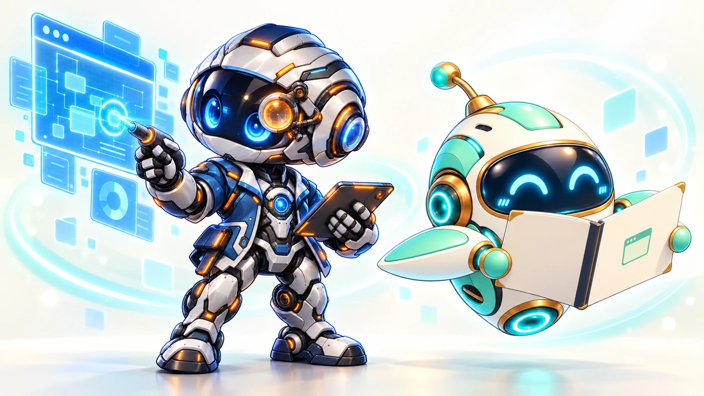 画面を点検するロボットと報告書を案内するミント色のキャラクター
